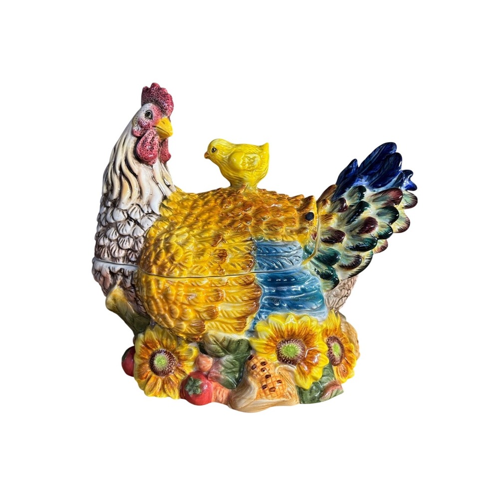 Vintage Ceramic Rooster w/ Baby Chic Cookie Jar Farmhouse Kitchen Decor RARE